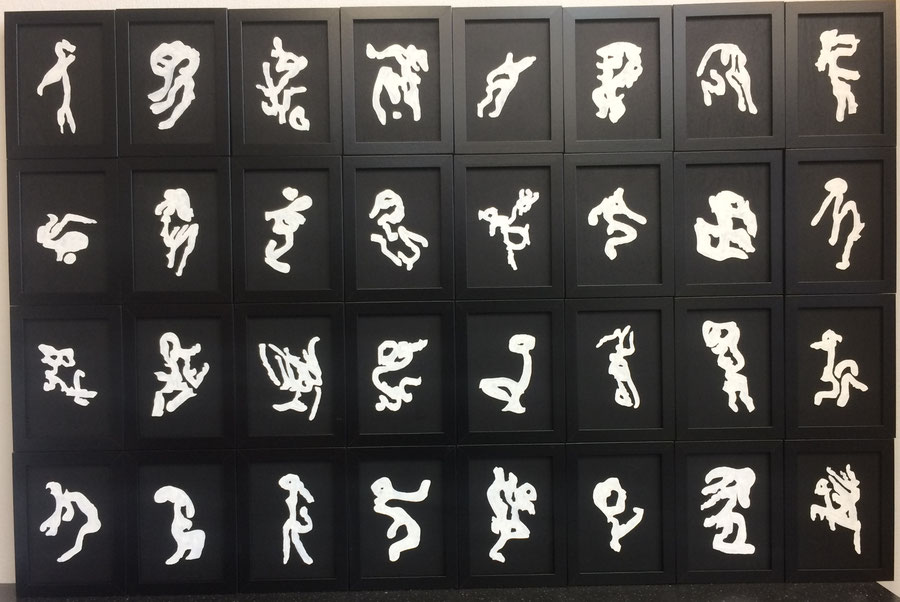 Installation of figures white oil paint on black blackboard paint on 13 x 18 cm plywood, each framed in a 15 x 20 cm frame