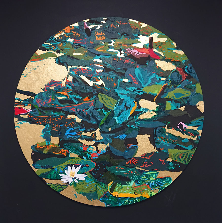 "Water lilies 2" Oil and 23 carat gold leaf on canvas. 80 cm in Diameter. December 2022