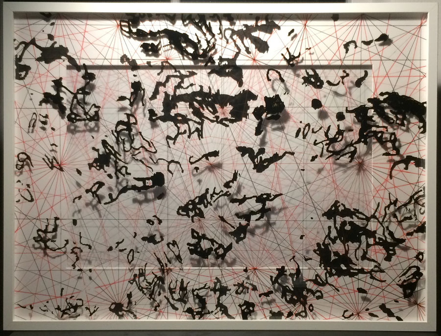 "Maritime lost." India ink on two panes of acrylic glass with a hardboard background to reflect the shadows. 80 cm x 60 cm x 4 cm.