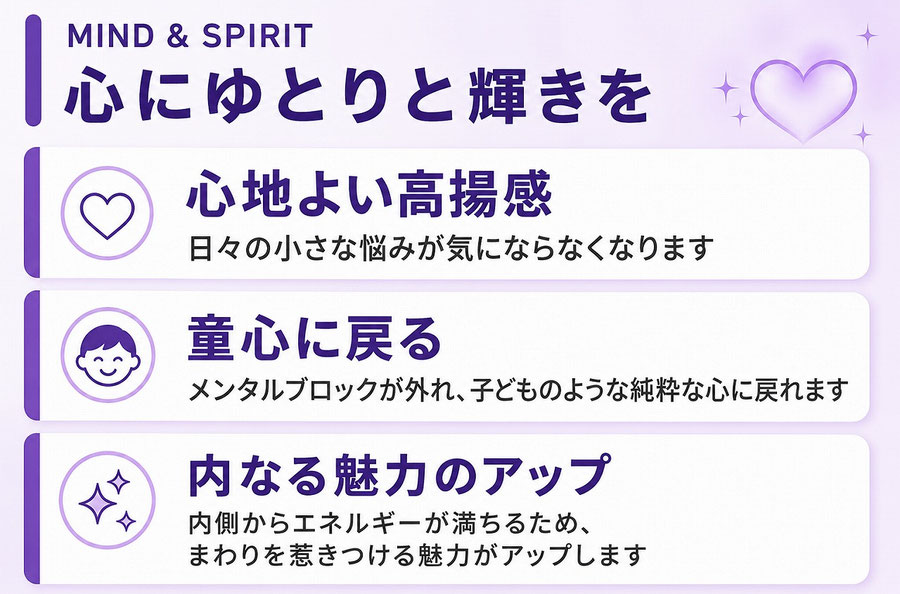 心にゆとりと輝きを  心地よい高揚感に包まれ、日々の小さな悩みが気にならなくなります。  心にかけた制限（メンタルブロック）が外れ、子どものような純粋な心（童心）に戻れます。  内側からエネルギーが満ちるため、まわりを惹きつける魅力（モテ度）がアップします。