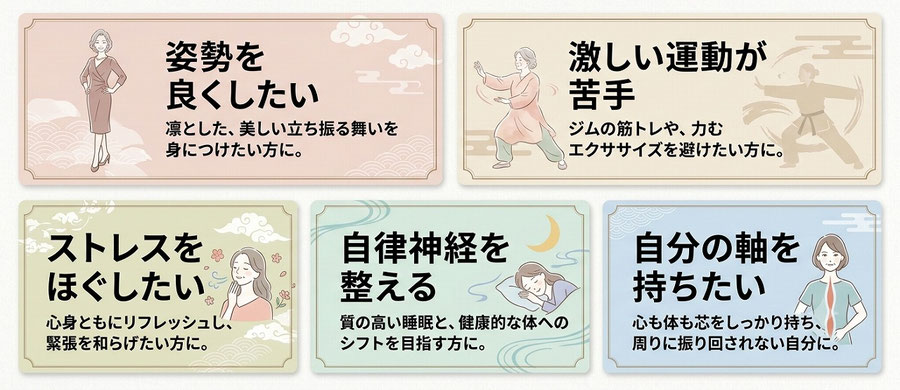 このような方におすすめ　① 凛とした、美しい姿勢へ 姿勢を良くしたい方、日常の立ち振る舞いを美しくしたい方に。  ② 激しい運動が苦手でも安心 ジムの筋トレのように、力んで体を固めるエクササイズが苦手な方に。  ③ 体と心の緊張をゆるめる 毎日の疲れやストレスをほぐし、心身ともにすっきりリフレッシュしたい方に。  ④ 自律神経を整え、ぐっすり快眠 心地よい呼吸と動きで、夜ぐっすり眠れる健やかな体へシフトしたい方に。  ⑤ 周りに振り回されない「自分軸」を 体の中心（肚）を意識することで、マインドもブレない