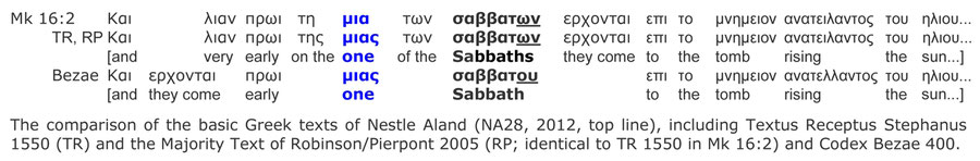 Mk 16:2, Greek Text NT, comparison NA28, Codex Bezae, sabbath resurrection