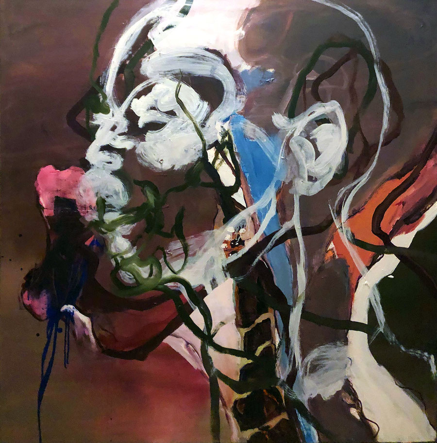 Gesine-Englert-Art-NEW-oil-painting-047.2019, Doppel-Portrait mit offenem rosa Mund, Double profile with open pink mouth,  Malerei, Kunst, Oil, Öl, Canvas, Leinwand, Portrait, Porträt, Art, Painter, Malerin, Modern