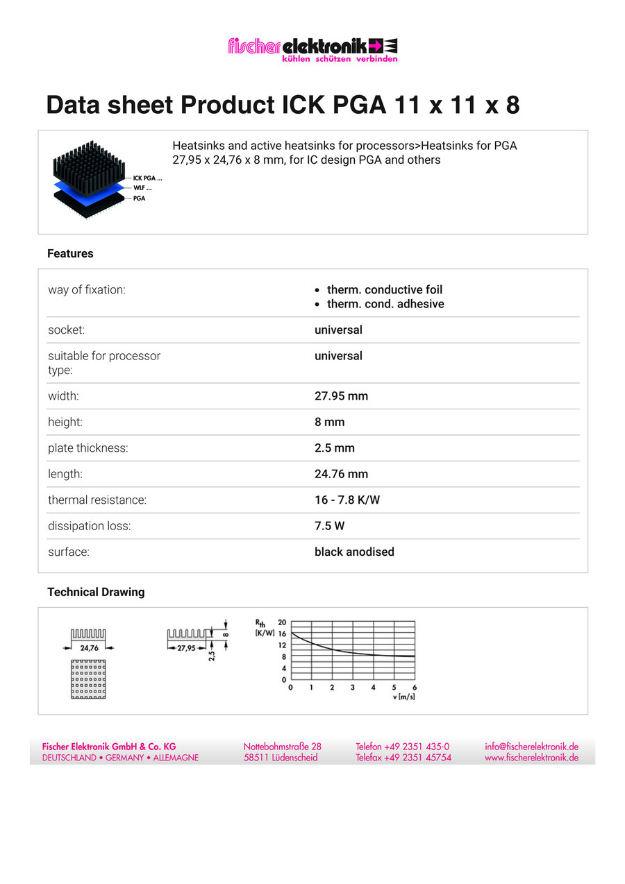 ICK PGA 11 ×11 × 8 Fischer /フィッシャー PGA用 ヒートシンク