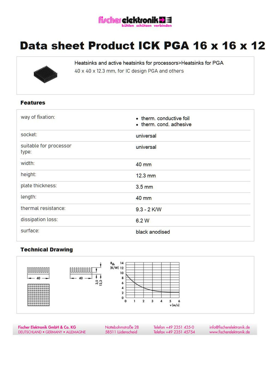 ICK PGA 16×16×12 PGAヒートシンク｜Fischer Elektronik 40×40mm 高放熱タイプ
