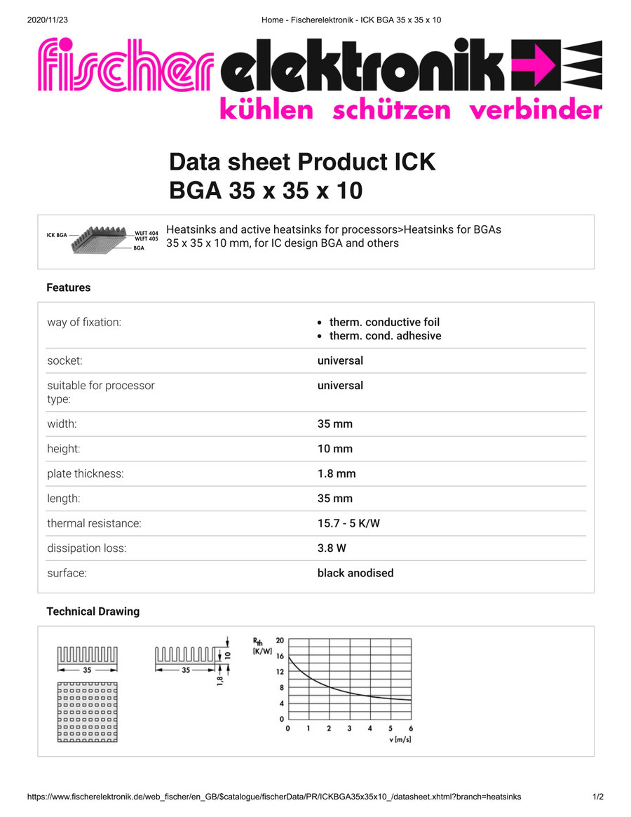 ICK BGA 35x35x10 Fischer / フィッシャー BGA用 ヒートシンク