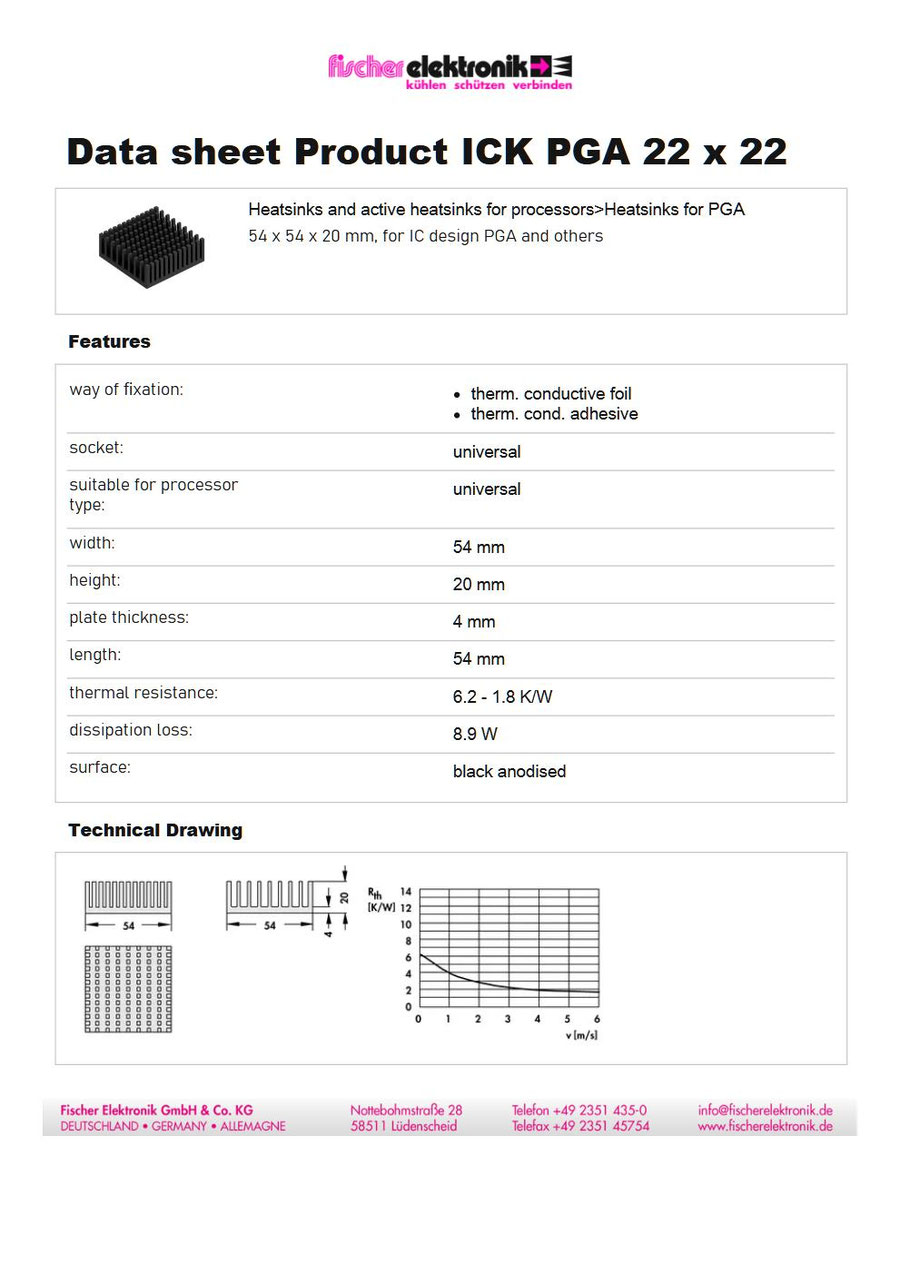 ICK PGA 22×22 PGAヒートシンク｜Fischer Elektronik 54×54mm 高性能放熱タイプ