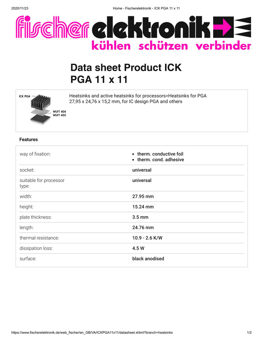 ICK PGA 11x11 Fischer /フィッシャー PGA用 ヒートシンク