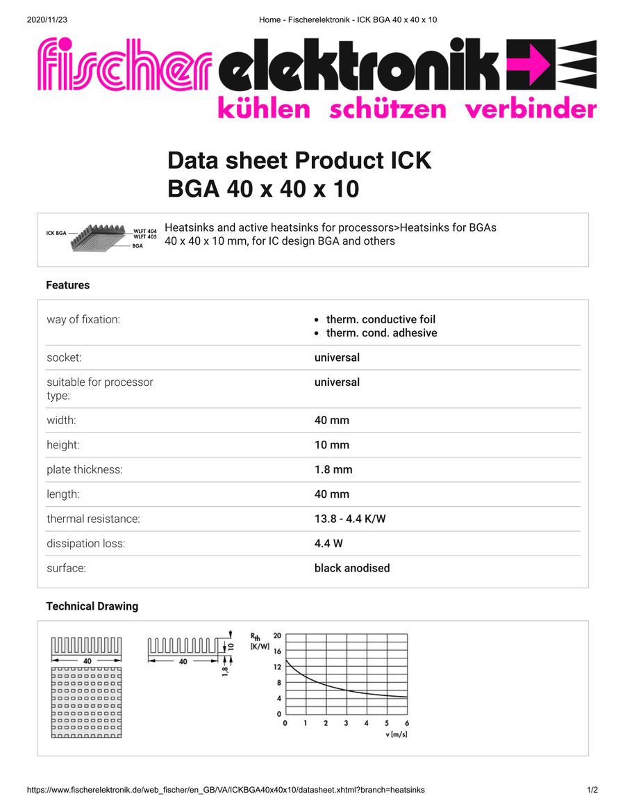 ICK BGA 40x40x10 Fischer / フィッシャー BGA用 ヒートシンク