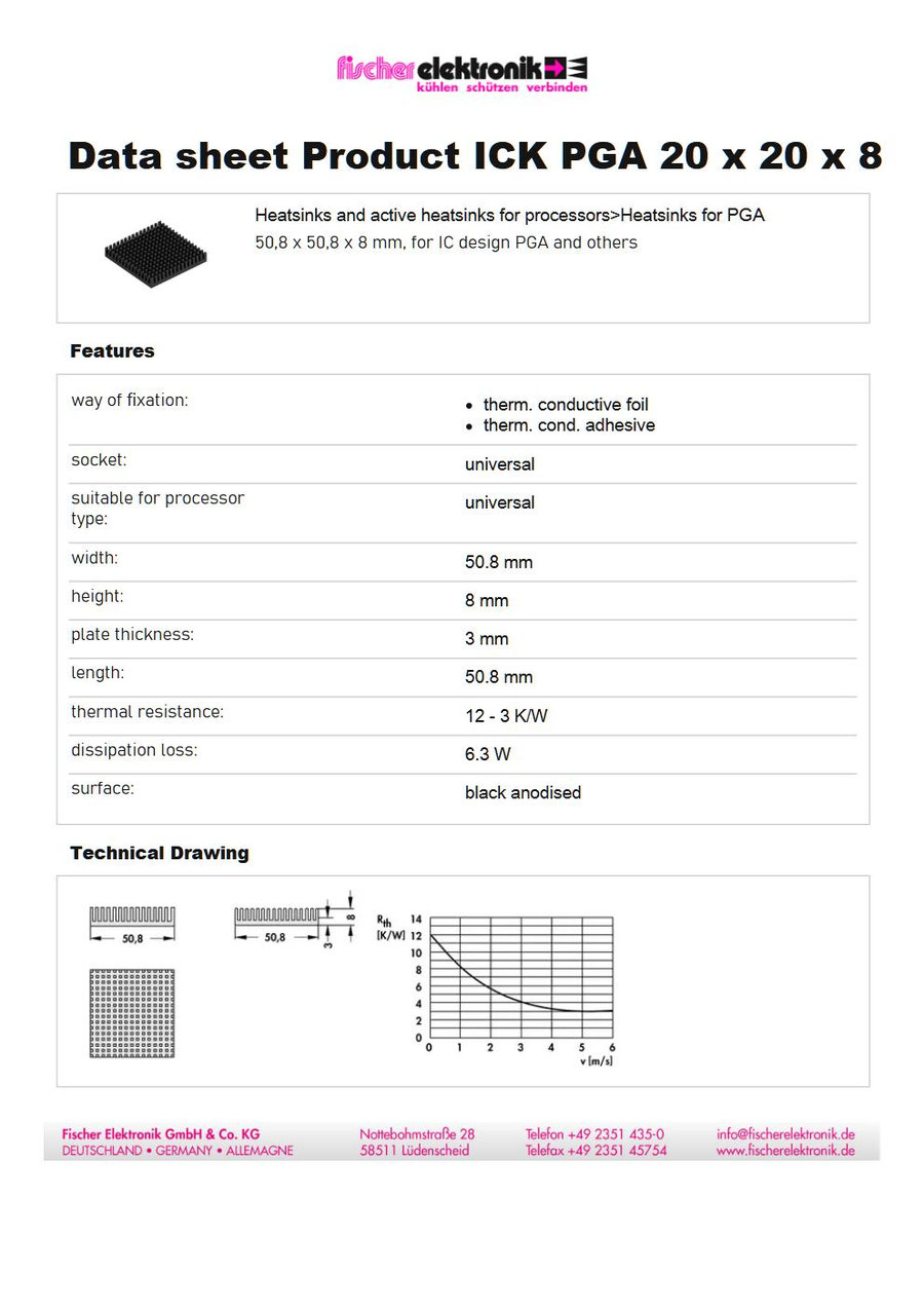 ICK PGA 20×20×8 PGAヒートシンク｜Fischer Elektronik 50.8×50.8mm 薄型放熱タイプ