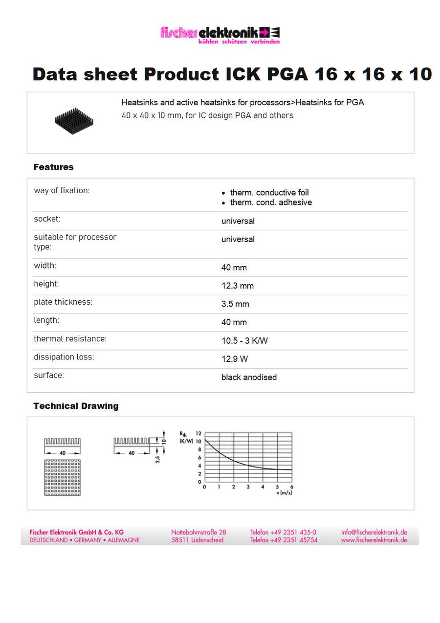 ICK PGA 16×16×10 PGAヒートシンク｜Fischer Elektronik 40×40mm 高放熱タイプ