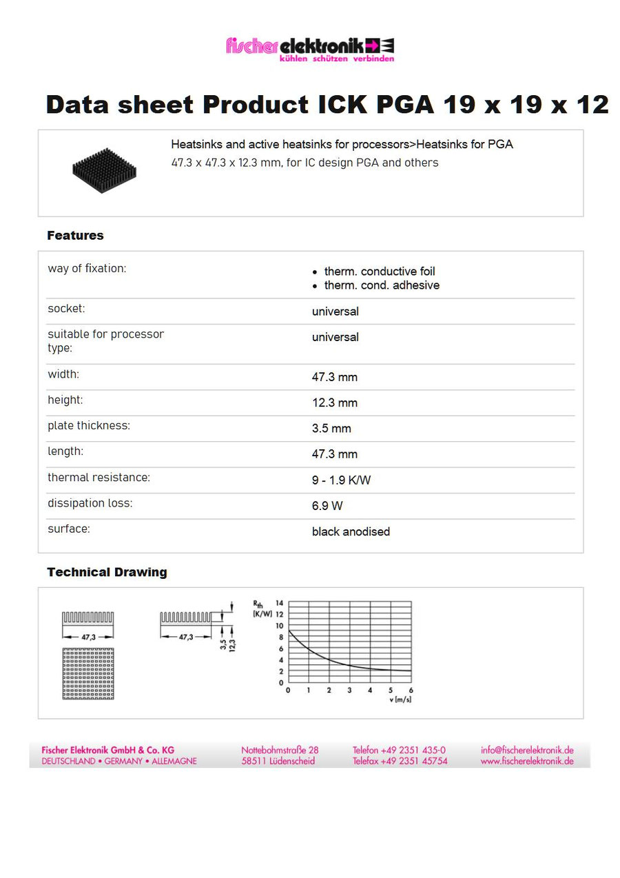 ICK PGA 19×19×12 PGAヒートシンク｜Fischer Elektronik 47.3×47.3mm 高効率放熱タイプ