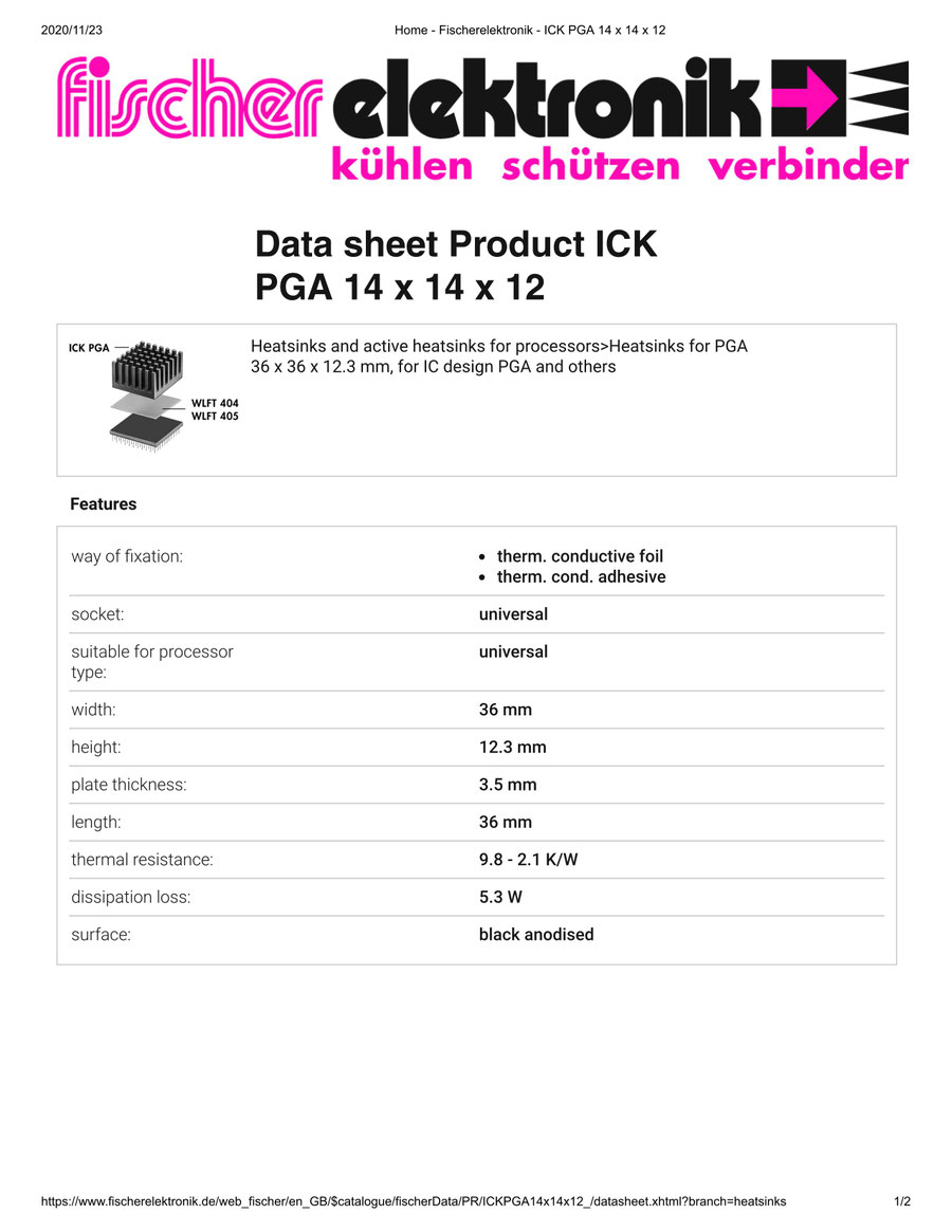 ICK PGA 14x14x12   Fischer /フィッシャー PGA用 ヒートシンク