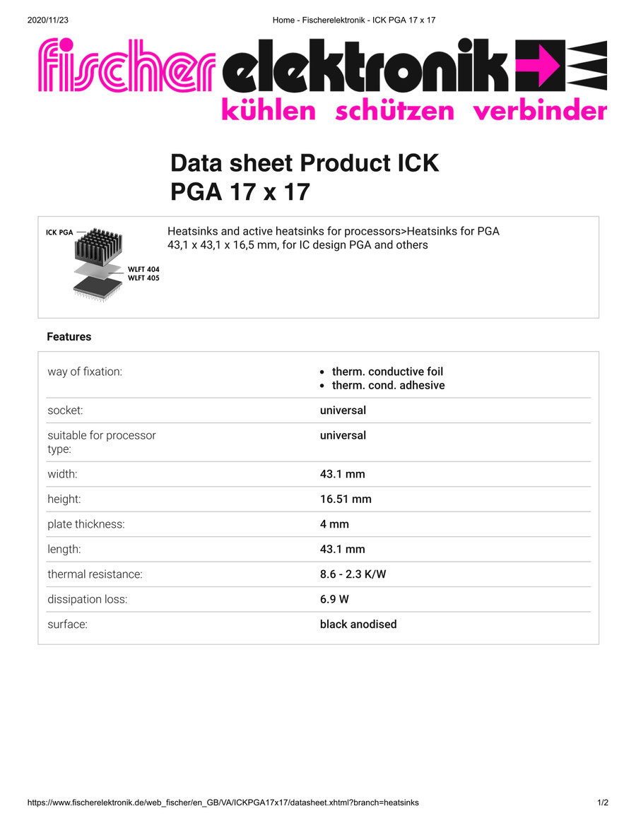 ICKPGA 17X17  Fischer /フィッシャー PGA用 ヒートシンク