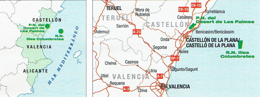 Mapa de los Parques Naturales del Desierto de las Palmas y de la Islas Columbretes Comunidad Valenciana.