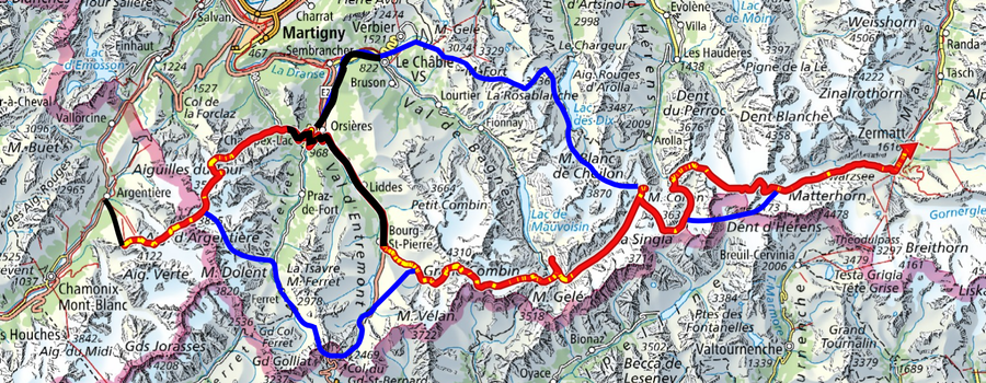 En noir: transports publiques. En rouge itinéraire historique, en bleu variantes
