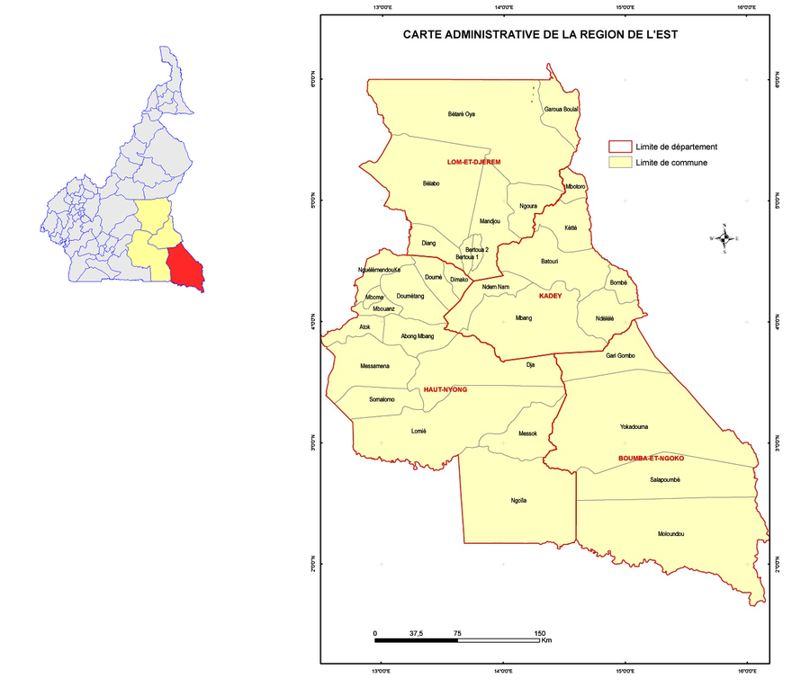 Le Département de la Boumba et Ngoko (en rouge) et les autres départements de la région de l'Est (en jaune) sur la carte administrative du Cameroun