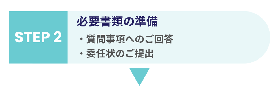 書類準備や質問回答、委任状の提出が必要なことを伝えるステップ2の案内
