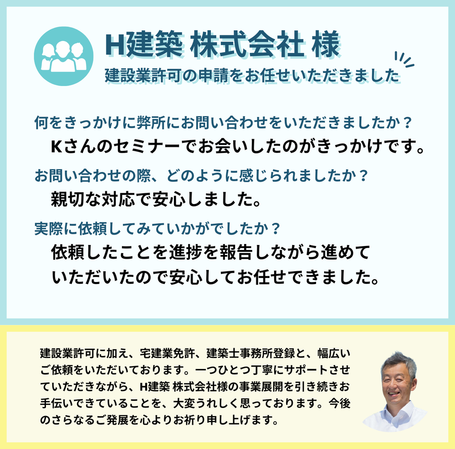 H建築　株式会社様　建設業許可の申請をお任せいただきました。