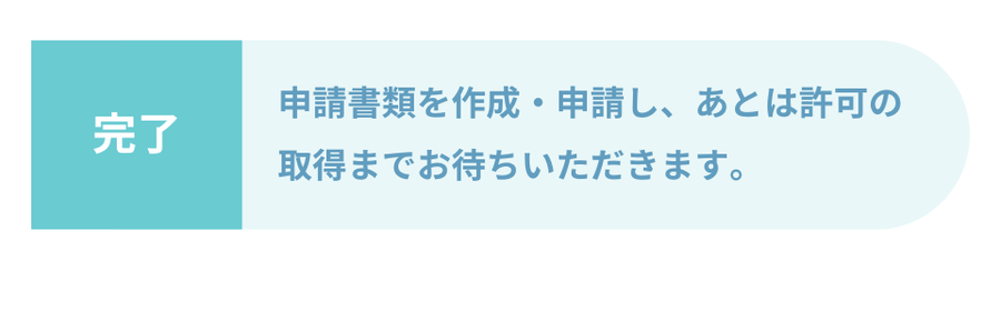 完了　申請書類を作成・申請し、あとは許可の取得までお待ちいただきます