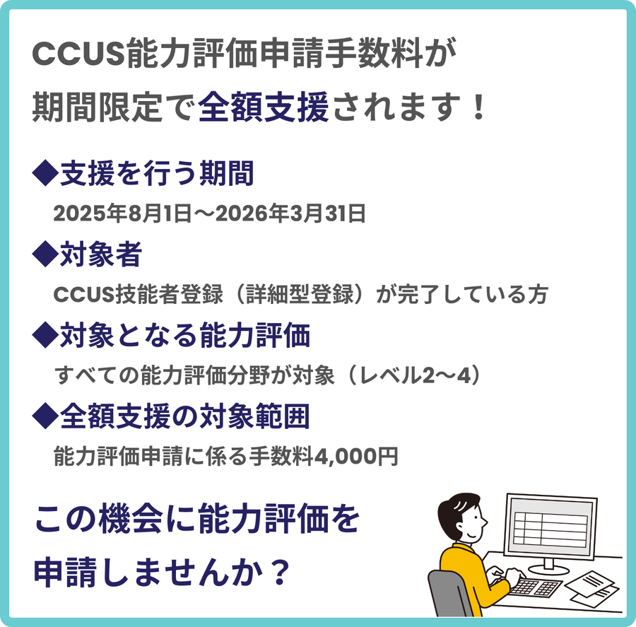 能力評価申請の手数料を全額支援する期間限定サポートを案内する画像