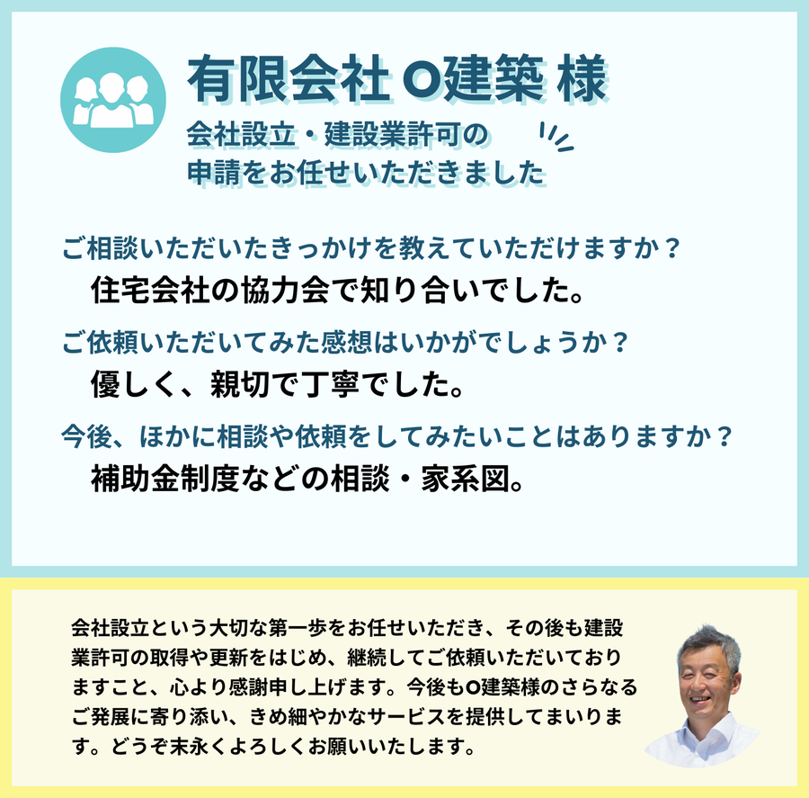 有限会社O建築様　会社設立・建設業許可の申請をお任せいただきました。