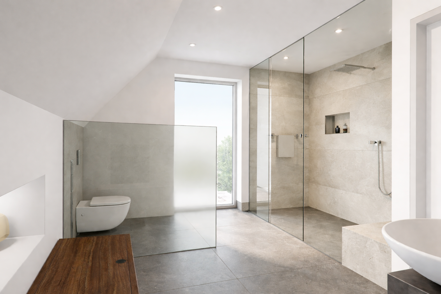 Barrierefreie Dusche mit Glastrennwand.WC mit Glastrennwand, Sitzbank aus Holz mit beleuchteter Ablage