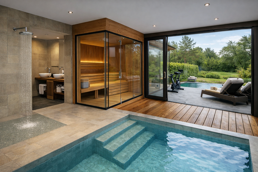 Privater Luxus-Spa-Bereich,Wasserbecken,Sauna,Fitnessbereich,Holzterrasse, helles Holz,Natursteinfliesen