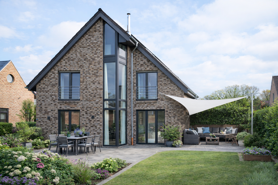Bild2. Gartenansicht Haus B in Gelmer, bockhaus-odenthal architekten münster, architektur, immobilien, design, interior,Carport mit seitlichem Abstellraum Heizung : Gas-Brennwert Kunststofffenster : Inoutic Prestige ABC-Klinker : Sylt Magma Kohlebrand D
