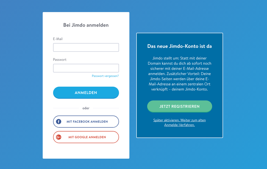 Übersicht der Anmelde-Maske. Links: Anmeldung beim Jimdo-Konto; Rechts: Registrierung eines Jimdo-Kontos