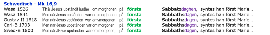 Sabbat Auferstehung, Mk 16,9, Schwedische Bibeln