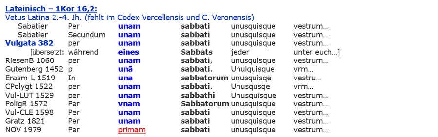 lateinische Bibeln Kollekte Sabbat Kirche 1. Korinther 16,2