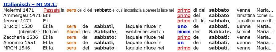 Mt 28,1 Sabbat Auferstehung italienische Bibeln