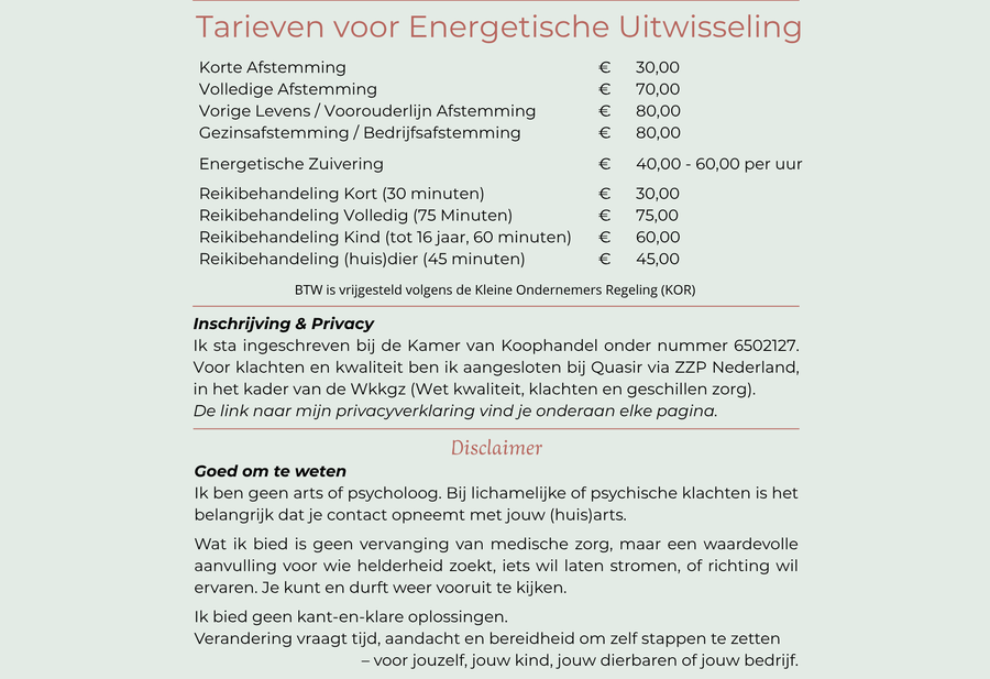 Tarieven voor energetische uitwisseling bij Tabine – Afstemmingen, Reiki en Zuiveringen