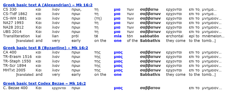 Mark 16:2, Greek Bibles, Resurrection Sabbath Jesus