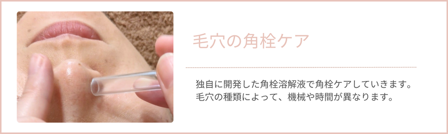 独自に開発した角栓溶解液で角栓ケアしていきます。 毛穴の種類によって、機械や時間が異なります。