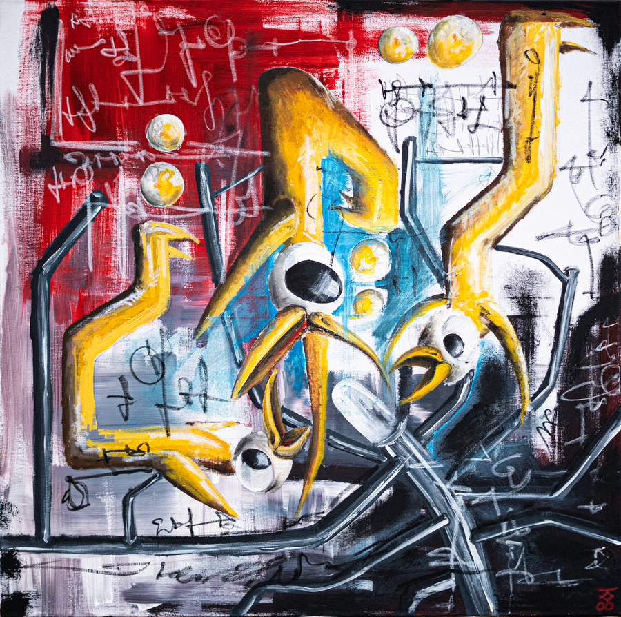 Feeding I – acrylic and oil pastel on canvas 2023 100x100