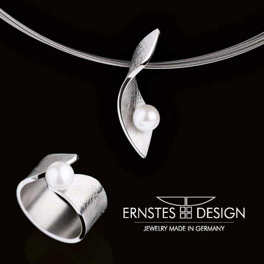 Ernstes Design Evia Edelstahl Diamanten Brillanten Perle Schmuck Ring Collier Halskette Creolen