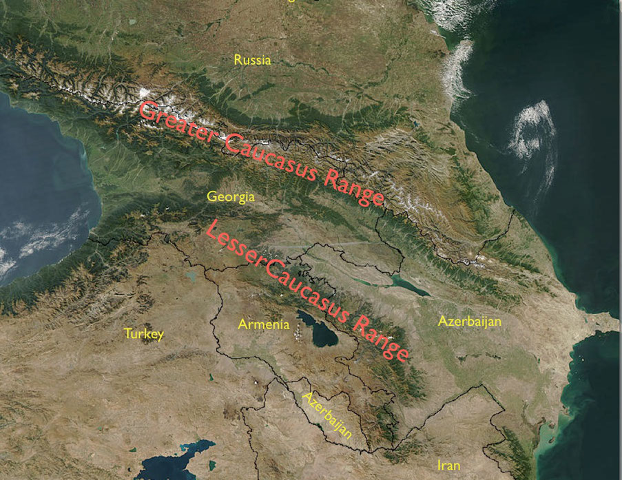 Satellit view of the Greater and Lesser Caucasus Range with country names 