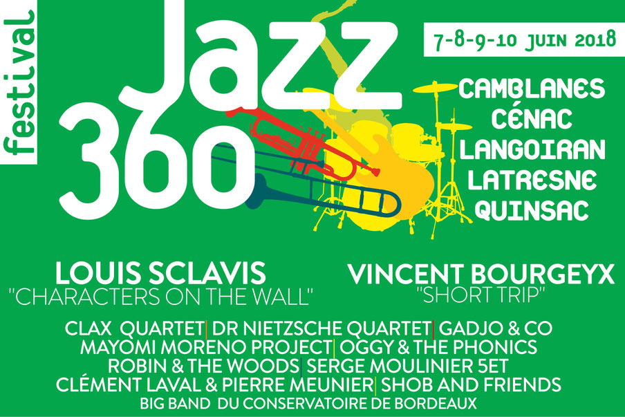 Bandeau programmation du Festival JAZZ360 2018, sur 5 communes de la CDC des Portes de l'Entre-Deux-Mers