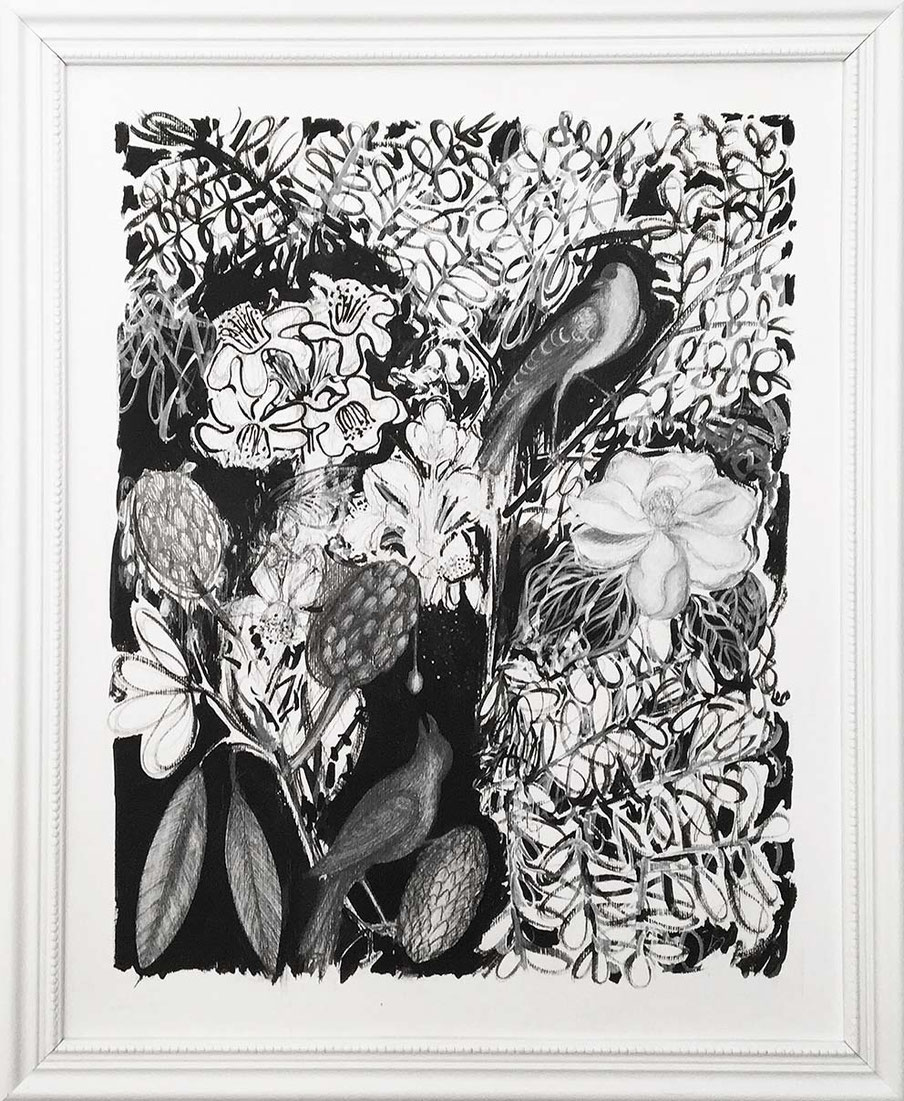 Giardino con magnolia e cardellino, tecnica mista su carta, cm 50x40, 2021