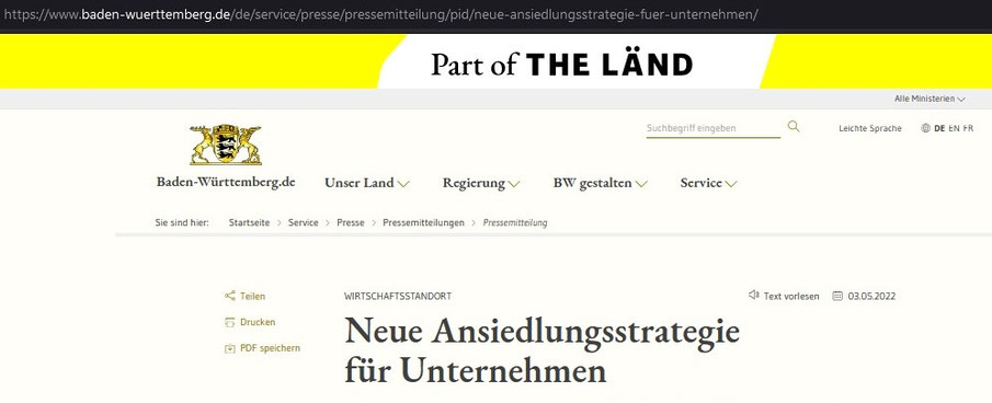 Aus der Pressemitteilung des Landes "Ansiedlungsstrategie für Unternehmen", 3.5.2022