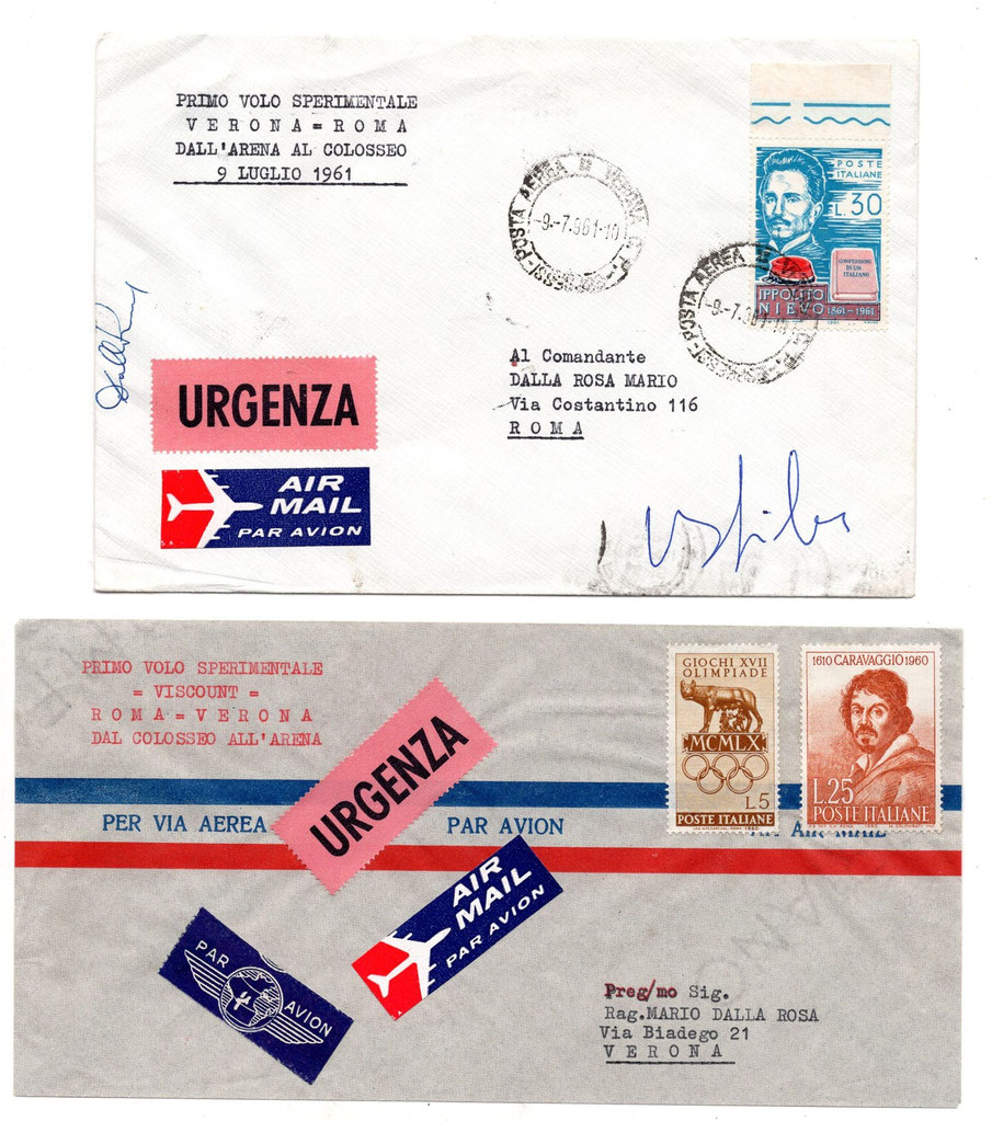 Corrispondenza ufficiale su primo volo di prova tra Roma e Verona - 1961 - fonte: web