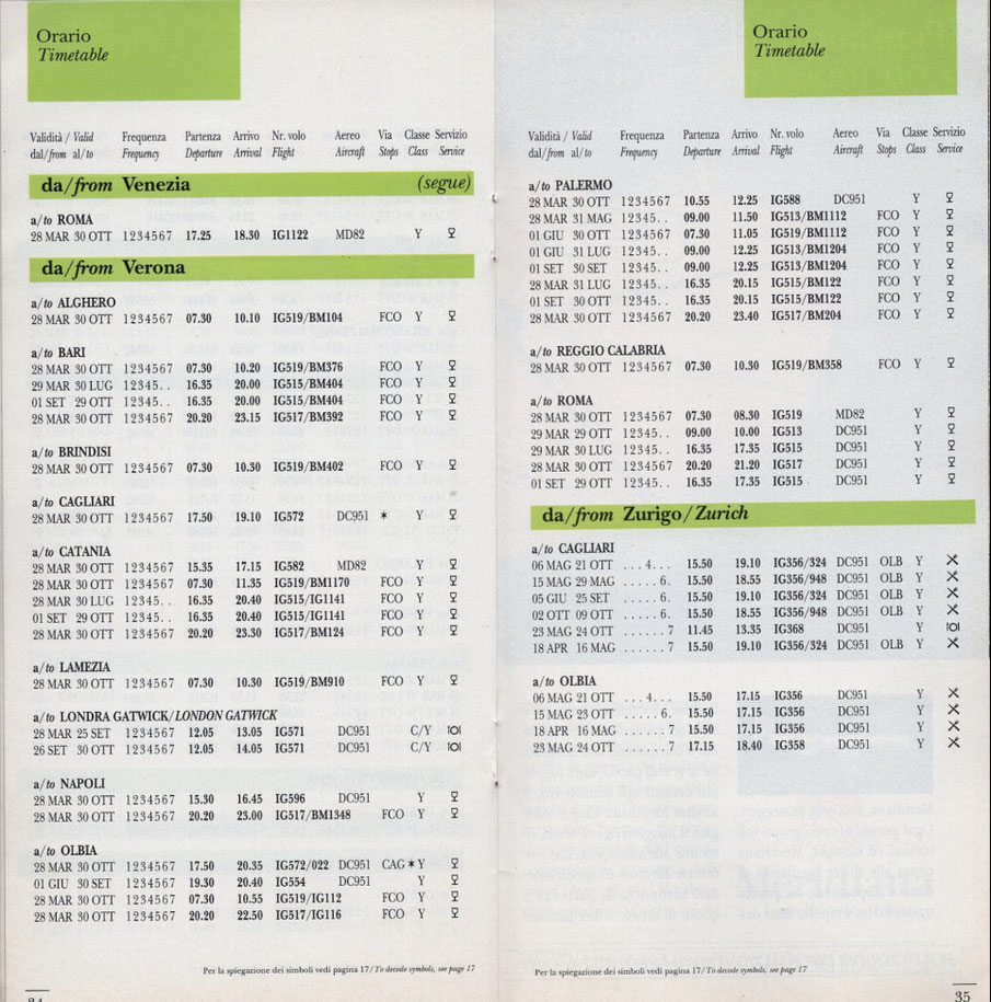 Orario Meridiana 1993 - stagione estiva - Credit: airline timetable images