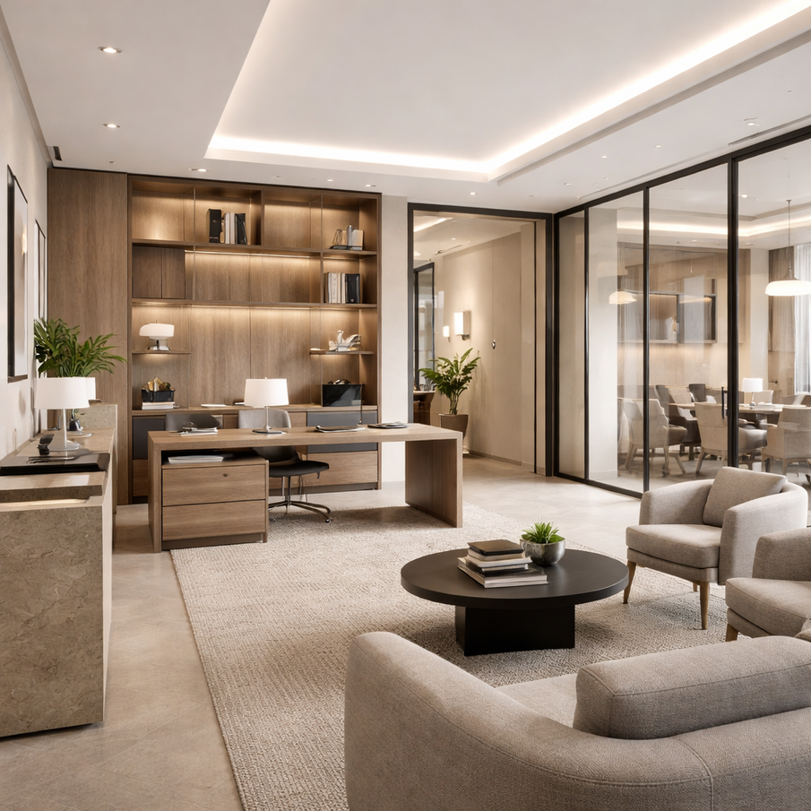 bureau agencé avec du mobilier sur mesure, séparé par une verrière de la salle de réunion
