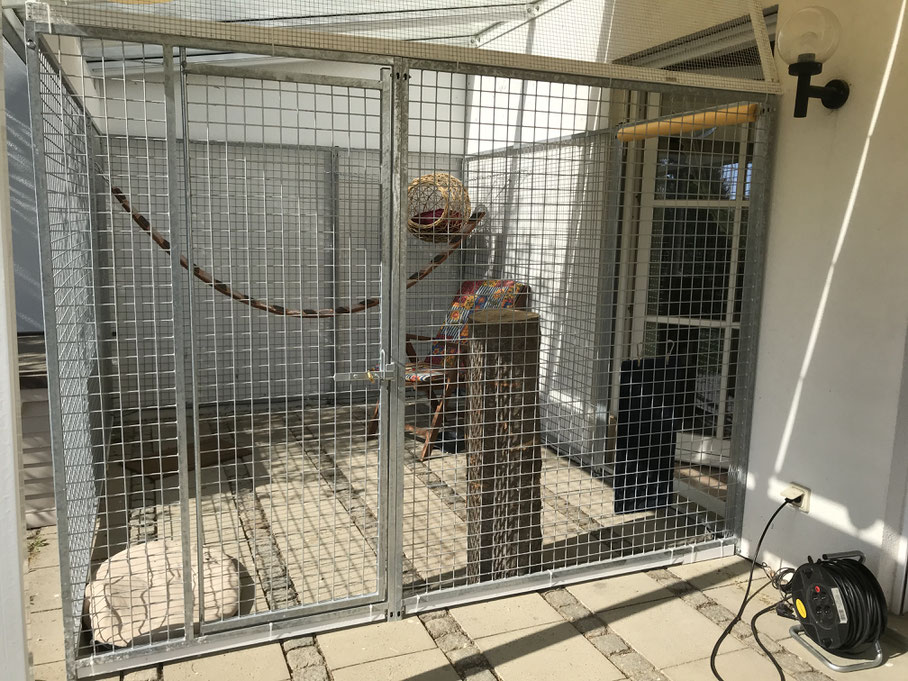 Katzengehege unter einer Terrassenüberdachung