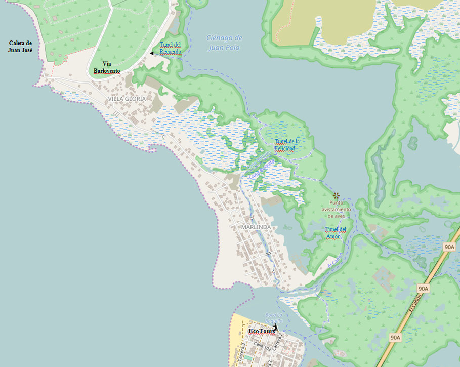 Carte de la mangrove de Juan Polo et circuit Ecotours Boquilla