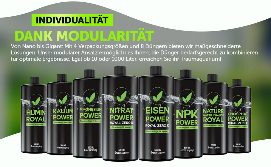Individualität dank Modularität, Von Nano bis Gigant: Mit 4 Verpackungsgrößen und 8 Düngern bieten wir maßgeschneiderte Lösungen. Unser modularer Ansatz ermöglicht es Ihnen, die Düner bedarfsgercht zu kombinieren für optimale Ergebnisse.