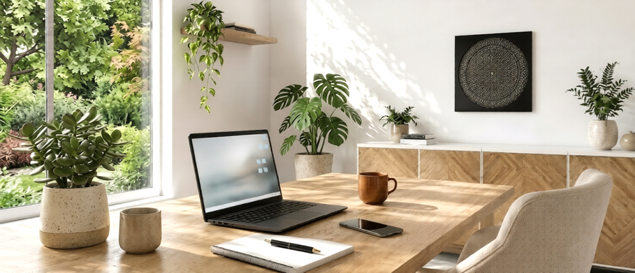 Espace de travail lumineux avec ordinateur, carnet et téléphone pour un Échange Découverte à distance en Feng Shui et Géobiologie
