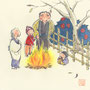 和風カレンダー11月 垣根の垣根の曲がり角 たき火をする家族 墨彩画